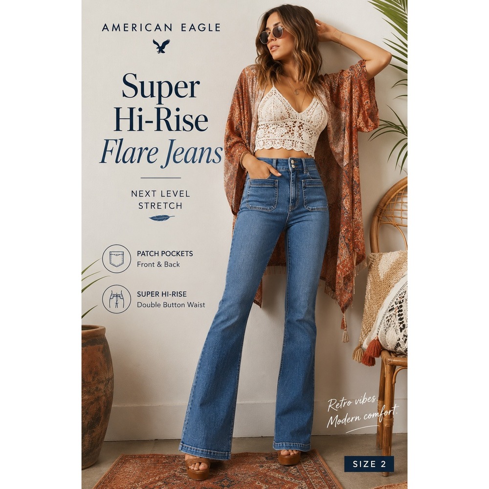 American Eagle Super Hi-Rise Flare Jeans Blue Next Level Stretch Patch Pocket